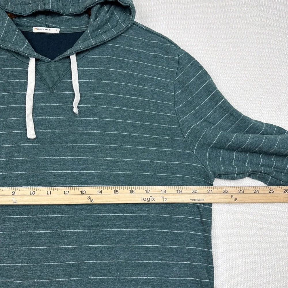 Marine Layer Double Knit Pullover Hoodie Size L Green White Striped Minimalist